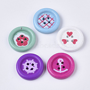 4-Hole Spray Painted Maple Wood Buttons, Flat Round with Flower/Heart/Helm/Anchor/Tartan Pattern, Mixed Color, 23x4.5mm, Hole: 2mm(BUTT-T006-017)