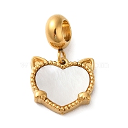 Ion Plating(IP) 304 Stainless Steel European Dangle Charms, Large Hole Pendants with Heart Shaped White Shell, Cat Head, Golden, 22mm, Pendant: 13.5x14x3mm, Hole: 4.5mm(STAS-G308-32G)