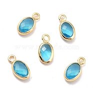 Eco-Friendly Brass with Glass Pendants,  Long-Lasting Plated, Lead Free & Cadmium Free & Nickel Free, Oval, Real 18K Gold Plated, Deep Sky Blue, 9x4.5x2mm, Hole: 1.2mm(KK-K268-01K)