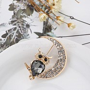 Golden Alloy Rhinestone Brooches, Moon with Owl Brooches for Women, Black Diamond, 35x27mm(PW-WG50426-01)