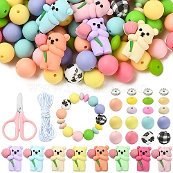 112Pcs 26 Styles Silicone Beads, with 10Pcs Rhinestone Spacer Beads, 3M Elastic Cord  and 1Pc Stainless Steel Scissor, for DIY Bear Themed Jewelry, Mixed Color, 29x25.5x13mm, Hole: 2mm(SIL-YW0002-37)