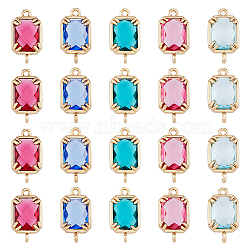 20Pcs 5 Colors Brass Glass Connector Charms, Rectangle Links, Golden, Faceted, Mixed Color, 16x9x3.5mm, Hole: 1.2mm, 4pcs/color(GLAA-DC0001-14)