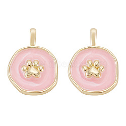 2Pcs Brass Enamel Pendants, Flat Round with Paw Print, Real 18K Gold Plated, Pink, 19x14x3mm, Hole: 2.7x3.8mm(KK-TADJ0001-15A)