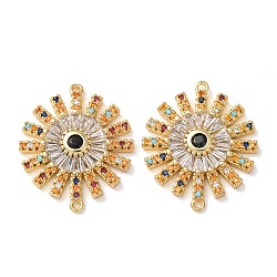 Brass Micro Pave Colorful Cubic Zirconia Connector Charms, Flower Links, Rack Plating, Long-Lasting Plated, Cadmium Free & Lead Free, Real 18K Gold Plated, 26x22x4mm, Hole: 1mm(CU-CBA4579-05G-A)