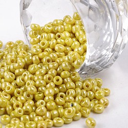 Glass Seed Beads, Opaque Colors Lustered, Round, Yellow, 3mm, Hole: 1mm, about 10000pcs/pound(SEED-A012-3mm-122)