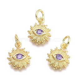 Brass Micro Pave Cubic Zirconia Pendants, with Jump Ring, Sun with Eye, Real 18K Gold Plated, Lilac, 12.5x10x2.7mm, Jump Rings: 5x0.8mm, Inner Diameter: 3mm(KK-P187-16E-G)