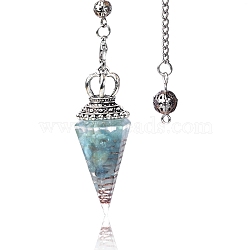 Natural Aquamarine Chip & Resin Dowsing Pendulum Big Pendants, with Platinum Plated Metal Crown, Cone Charm, 300mm(PW-WG89635-05)