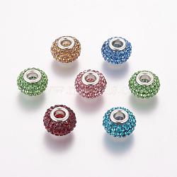 Grade A Rhinestone European Beads, Large Hole Beads, Resin, with Silver Color Brass Core, Rondelle, Mixed Color, 15x10mm, Hole: 5mm(CPDL-H001-M)
