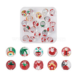 20Pcs 10 Style Transparent Glass Enamel Beads, Hand Drawn Beads, Round, Ladybird & Heart & Rainbow & Flower & Butterfly & Straberry & Apple Pattern, Mixed Color, 12.5~14.5x12x11~11.5mm, Hole: 1.6~1.8mm, 2Pcs/style(GLAA-KS0001-08)