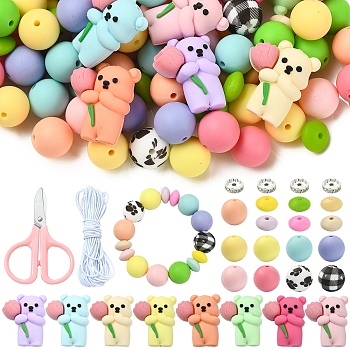 112Pcs 26 Styles Silicone Beads, with 10Pcs Rhinestone Spacer Beads, 3M Elastic Cord  and 1Pc Stainless Steel Scissor, for DIY Bear Themed Jewelry, Mixed Color, 29x25.5x13mm, Hole: 2mm