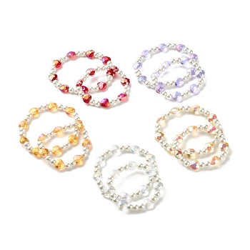 Sparkling Heart Glass Beads Stretch Bracelets Set for Children and Parent, Two Tone Glass Beads Bracelets, White, Mixed Color, Inner Diameter: 1.97 inch(5cm) inner diameter, Inner Diameter: 1.69 inch(4.3cm), 2pcs/set