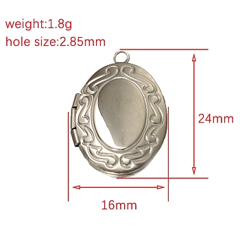 Stainless Steel Locket Pendants, Oval Charm, Stainless Steel Color, 24x16mm, Hole: 2.85mm