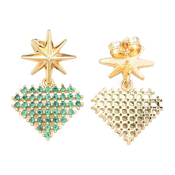 Cubic Zirconia Diamond Stud Earrings, with Ear Nuts, Golden Brass Stud Earrings for Women, Nickel Free, Medium Sea Green, 28.5mm, Pin: 0.7mm