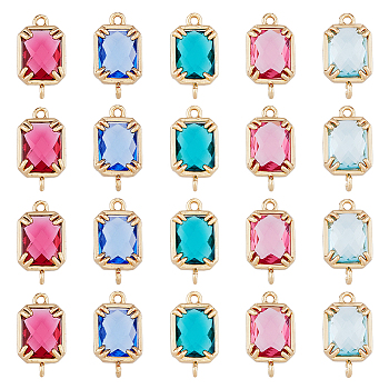 20Pcs 5 Colors Brass Glass Connector Charms, Rectangle Links, Golden, Faceted, Mixed Color, 16x9x3.5mm, Hole: 1.2mm, 4pcs/color