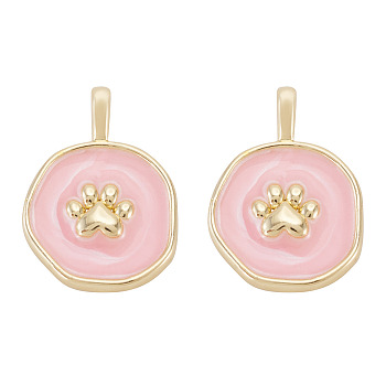 2Pcs Brass Enamel Pendants, Flat Round with Paw Print, Real 18K Gold Plated, Pink, 19x14x3mm, Hole: 2.7x3.8mm
