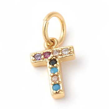 Brass Micro Pave Colorful Cubic Zirconia Charms, Golden, Letter.T, 9x6x2mm, Hole: 3mm