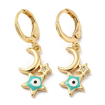 Real 18K Gold Plated Brass Dangle Leverback Earrings, with Enamel and Cubic Zirconia, Moon & Star with Evil Eye, Dark Turquoise, 32x11mm