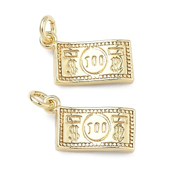 Brass Pendants, Dollar Bill Charms, Long-Lasting Plated, Rack Plating, Lead Free & Cadmium Free, Real 18K Gold Plated, 12.5x7.5x2mm, Hole: 2mm, Jump Ring: 4x1mm
