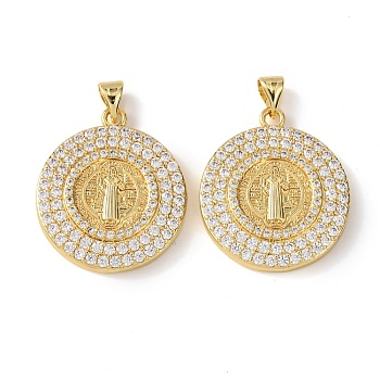 Brass Micro Pave Cubic Zirconia Pendants, Flat Round with Saint Benedict Charms, Lead Free & Cadmium Free, Rack Plating, Long-Lasting Plated, Real 18K Gold Plated, Flat Round, 27x23.5x4.5mm, Hole: 5x3mm