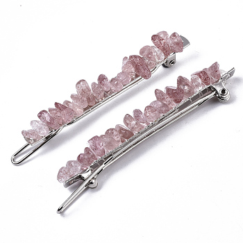 Platinum Plated Alloy French Hair Barrettes, with Natural Strawberry Quartz Chips, Cadmium Free & Lead Free, 67x10~11x12mm