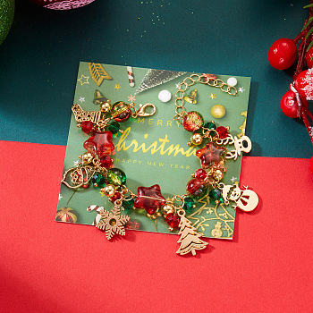 Christmas Alloy Beads Charm Bracelets, Resin & Glass Beaded Bracelets for Women, Mixed Shapes, Golden, Colorful, 6-1/4 inch(16cm)