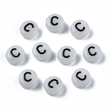 Acrylic Beads, with Enamel and Luminous, Horizontal Hole, Flat Round with Black Letter, Glow in the Dark, Light Grey, Letter.C, 7x3.5mm, Hole: 1.5mm, about 3600~3700pcs/500g