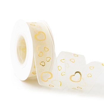 10 Yards Gold Stamping Heart Chiffon Ribbons, Garment Accessories, Gift Packaging, Heart, 1 inch(25mm)