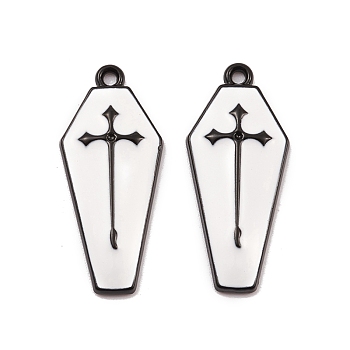 Spray Painted Alloy Pendants, Long-Lasting Plated, Lead Free & Cadmium Free, Coffin with Cross, White, 26x11.5x2.5mm, Hole: 1.2mm