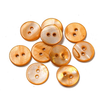 Freshwater Shell Buttons, 2-Hole, Flat Round, Orange, 15x1~2mm, Hole: 1.5~2mm