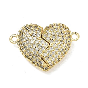 Valentine's Day Brass Micro Pave Clear Cubic Zirconia Split Pendants, with Magnetic, Heart Charms, Lead Free & Cadmium Free, Rack Plating, Long-Lasting Plated, Real 18K Gold Plated, 18x26x7.5mm, Hole: 1.8mm