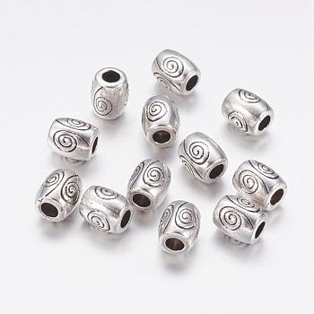 Tibetan Style Alloy Beads, Lead Free & Nickel Free & Cadmium Free, Barrel, Antique Silver, about 7mm long, 6mm wide, hole: 2.5mm