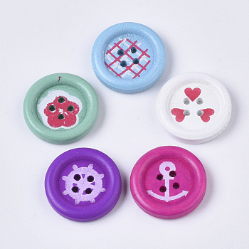4-Hole Spray Painted Maple Wood Buttons, Flat Round with Flower/Heart/Helm/Anchor/Tartan Pattern, Mixed Color, 23x4.5mm, Hole: 2mm