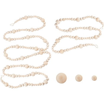 Round Natural Wood Beads Wall Hanging Decorations, with Jute Twine, BurlyWood, 125~234cm, 2strands/set