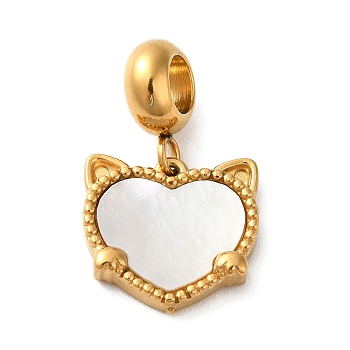 Ion Plating(IP) 304 Stainless Steel European Dangle Charms, Large Hole Pendants with Heart Shaped White Shell, Cat Head, Golden, 22mm, Pendant: 13.5x14x3mm, Hole: 4.5mm