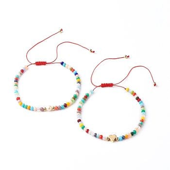 Nylon Thread Braided Bead Bracelets Sets, with Imitation Jade Glass Beads, Brass Beads, Heart, Colorful, Inner Diameter: 2-1/2 inch(6.5~11.2cm), 2pcs/set