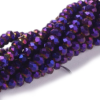 Electroplate Glass Bead Strands, Faceted, Rondelle, Purple Plated, 3x2mm, Hole: 0.5mm, about 155~160pcs/strand, 14.96 inch