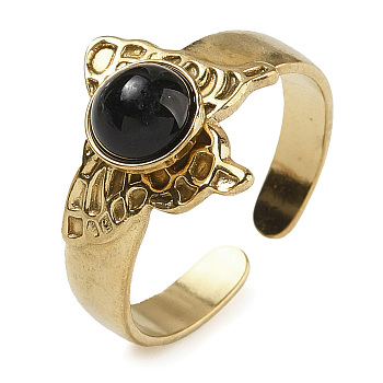 Natural Dyed & Heated Black Agate Finger Rings, Butterfly 304 Stainless Steel Open Cuff Rings, Real 18K Gold Plated, 13.5mm, Adjustable