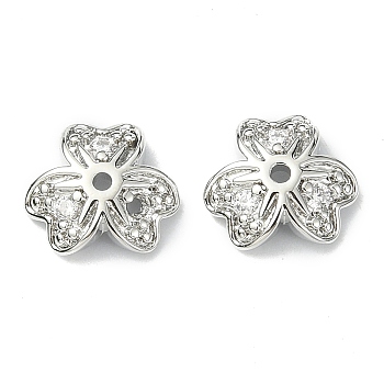 Brass Pave Clear Cubic Zirconia Bead Caps, 3-Petal, Flower, Real Platinum Plated, 8x8x2.5mm, Hole: 1mm