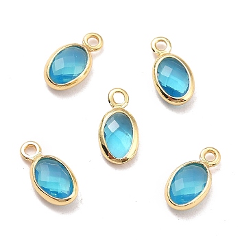 Eco-Friendly Brass with Glass Pendants,  Long-Lasting Plated, Lead Free & Cadmium Free & Nickel Free, Oval, Real 18K Gold Plated, Deep Sky Blue, 9x4.5x2mm, Hole: 1.2mm