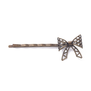 Iron Hair Bobby Pins, with Brass Findings, Bowknot, Long-Lasting Plated, Antique Bronze, 62x11mm, Bowknot: 20x20mm