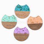 Transparent Resin & Walnut Wood Pendants, with Gold Foil, Gap Flat Round, Mixed Color, 34x36.5x3mm, Hole: 2mm(X-RESI-S389-001A-B)