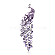 Ethnic Style Peacock Long Tassel Pins, Alloy Rhinestone Brooch for Women's Sweaters Coats Suits, Violet, 140x35mm(PW-WG89915-05)