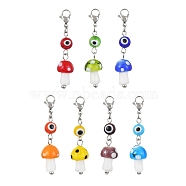 Handmade Evil Eye & Mushroom Lampwork Pendant Decorations, with 304 Stainless Steel Lobster Claw Clasps, Mixed Color, 50mm, 7pcs/set(HJEW-TA00104)