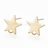 Brass Stud Earring Findings, with Loop and Flat Plate, Star, Real 18K Gold Plated, 11x11.5mm, Hole: 1.2mm, Pin: 0.7mm(X-KK-S348-352)
