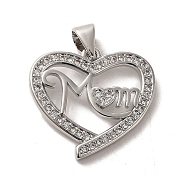 Mother's Day Brass Micro Pave Cubic Zirconia Pendants, Heart with Mom, Platinum, 18.5x20x2mm, Hole: 5x3mm(ZIRC-P114-09P)