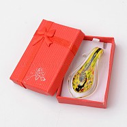 Box-packed Handmade Dichroic Glass Big Pendants, Leaf Lampwork Pendant with Random Color Exquisite Cardboard Necklace Box, Yellow, 57~60x27~30mm, Hole: 7~10mm(DICH-X047-02)