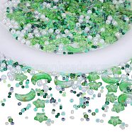 2 Bag Glass & Seed Beads, with Glitter Powder, Imitation Pearl & Transparent & Inside Colours, Moon & Star & Round, Lime Green, 2~16x2~11.5mm, Hole: 0.8~1.2mm(GLAA-SZC0001-94A)