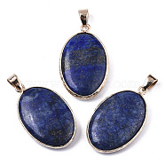 Natural Lapis Lazuli Pendants, with Light Gold Plated Brass Edge and Snap on Bail, Oval, 35~36x21.5x6.5mm, Hole: 6x4mm(X-G-N326-31A)