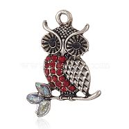 Alloy Rhinestone Bird Pendants, Owl Necklace Pendants for Halloween, Antique Silver, Light Siam, 34x26x3mm, Hole: 3mm(RB-J246-09AS)