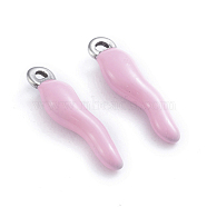 304 Stainless Steel Pendants, Enamelled Sequins, Horn of Plenty/Italian Horn Cornicello Charms, Stainless Steel Color, Pink, 17.5x4.5x3.5mm, Hole: 1mm(X-STAS-I148-02P-03)